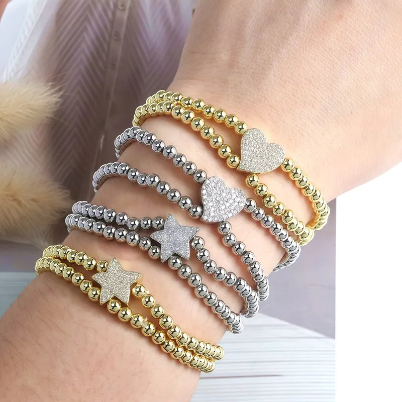 Beaded Layered Bracelet Inlaid With Zircon Heart-shaped Pentagram Gold Silver Copper Beads Elastic Bracelet Jewelry Plated With 18K Real Gold Vacuum Electroplating