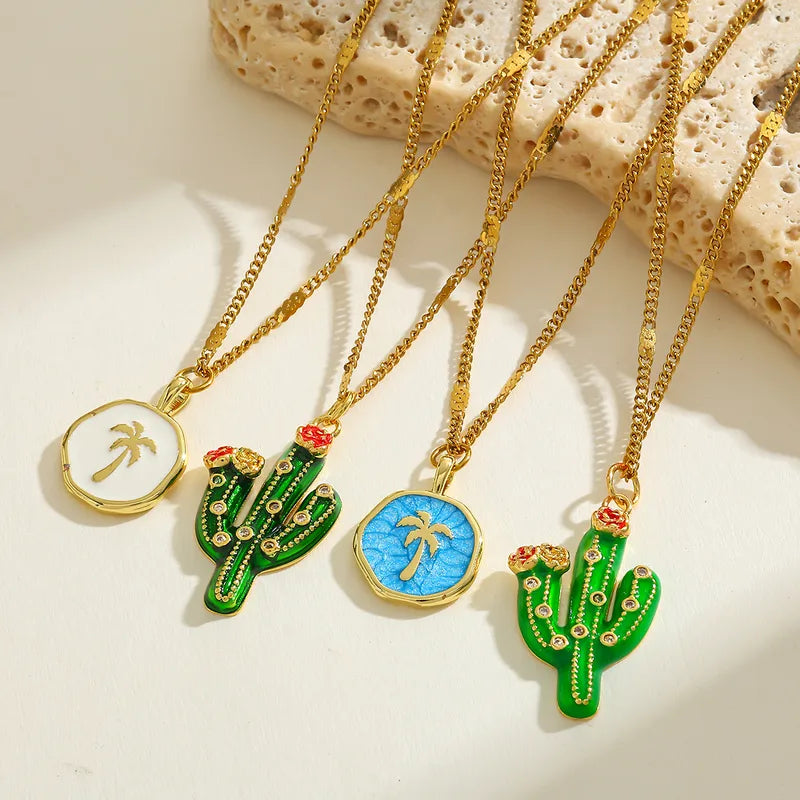 Charming New Design 18K Gold Plated Stainless Steel Copper Pendant Necklace Cute Cactus Shape Casual Romantic Commute Style