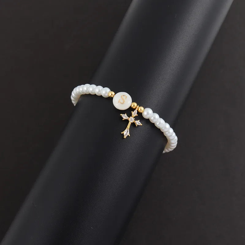 Classic Micro-Set Zircon Cross Round Initial Artificial Pearl Bracelet For Women Elegant Cute Simple Style Beaded Chain Jewelry
