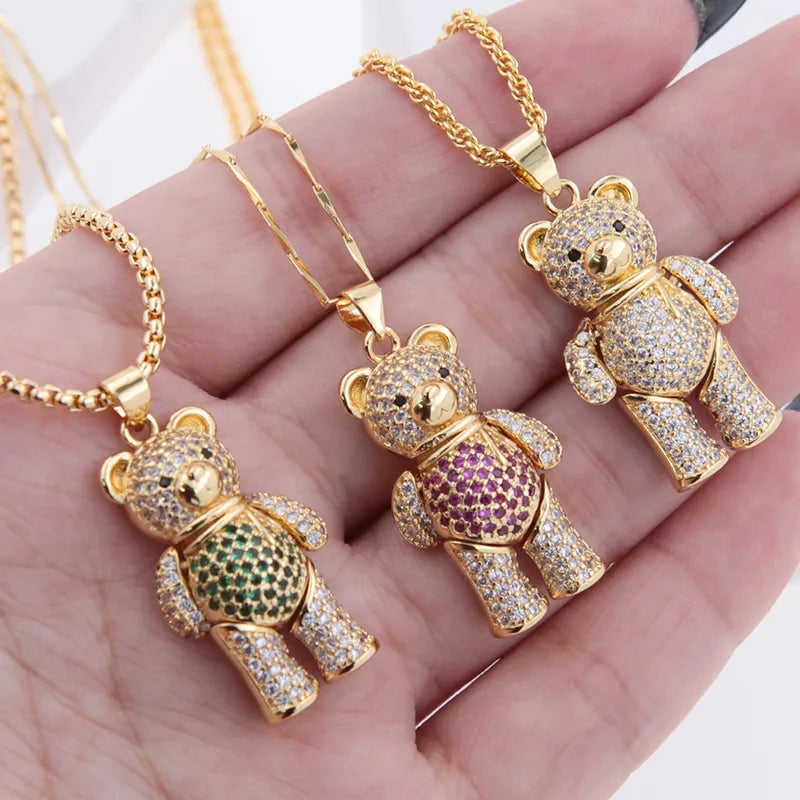 Copper 18K Gold Plated Inlay Bear Zircon Pendant Necklace