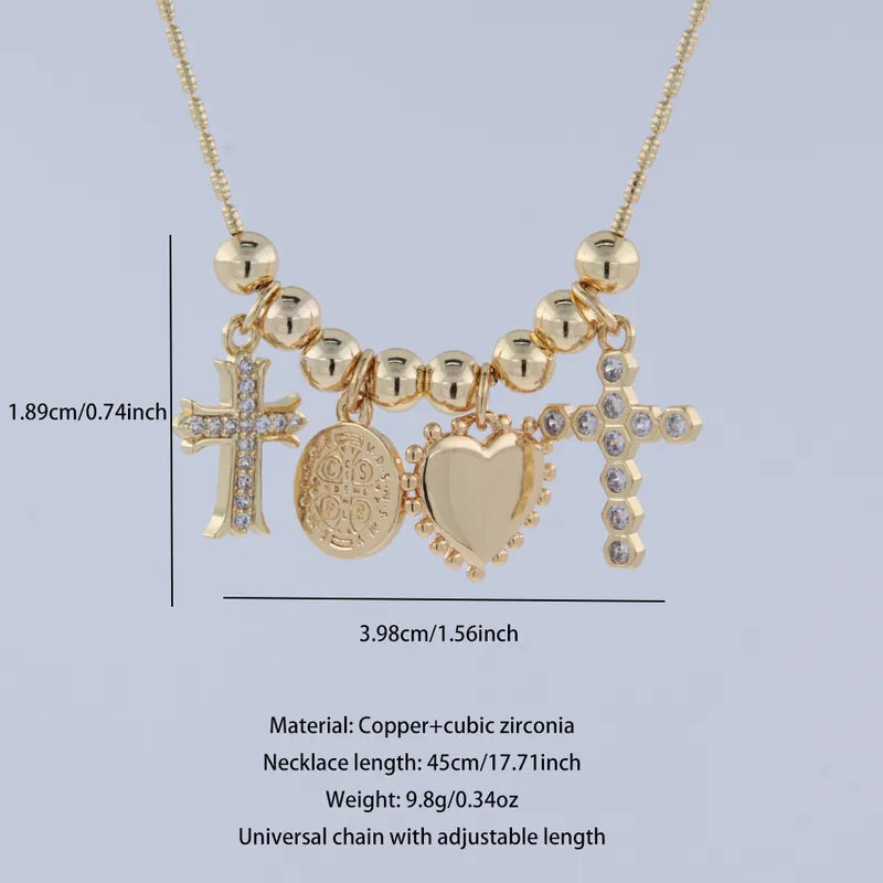 Copper Beaded Chain 18K Gold Plated Beaded Cross Heart Shape Pendant Necklace