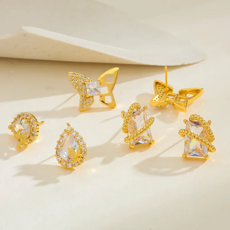 Copper Inlaid Zircon Butterfly Water Drop Earrings Casual Simple Style Gold-Plated Geometric