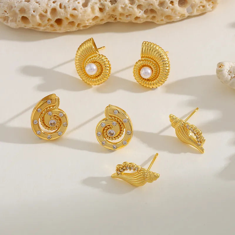 Copper Plated Imitation Gold Seashell Pearl Embedded Zirconia Ear Studs Women's Holiday Weekend Daily Date Festival Jewelry