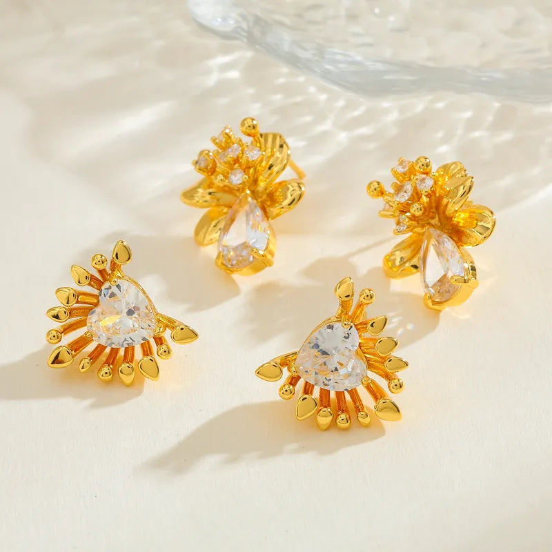 Copper Water Drop Heart-shaped Flower Water-plated Zircon Casual Simple Style Inlaid Gold Earrings