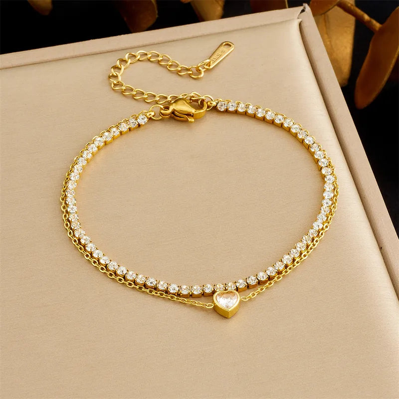 Double Layer Pearl Flower Shell Design Bracelet New Fashion Versatile Star Eye Full Of Diamonds Accessories Stack Wear Stainless Steel Bohemian Style Women