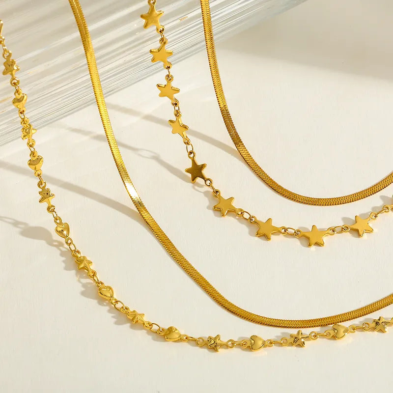 Double Layered Stainless Steel 18K Gold Plated Heart And Star Necklace Elegant Cute Romantic Minimalist Artistic Style Jewelry