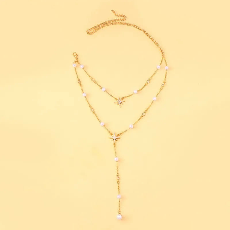 Double Layered Star Necklace Pearl Bridal Versatile Necklace Elegant Affluent Style Women's Jewelry Accessory