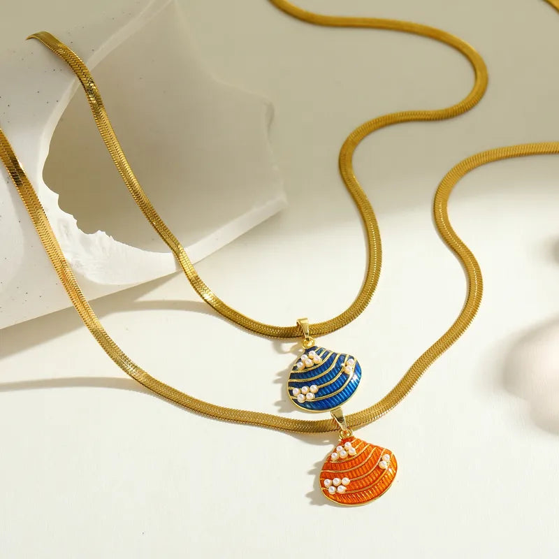 Elegant 18K Gold Plated Stainless Steel Shell Pendant Necklace With Fake Pearl Embellishment Casual Chic Lobster Clasp