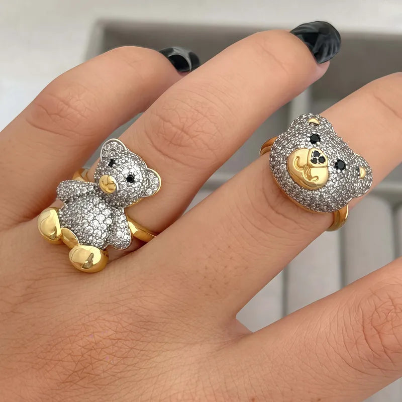 Elegant Dual-Tone Gold And Copper Bear Ring For Men And Women Open Line Design With Zirconia Stones Versatile For Daily Wear And Special Occasions