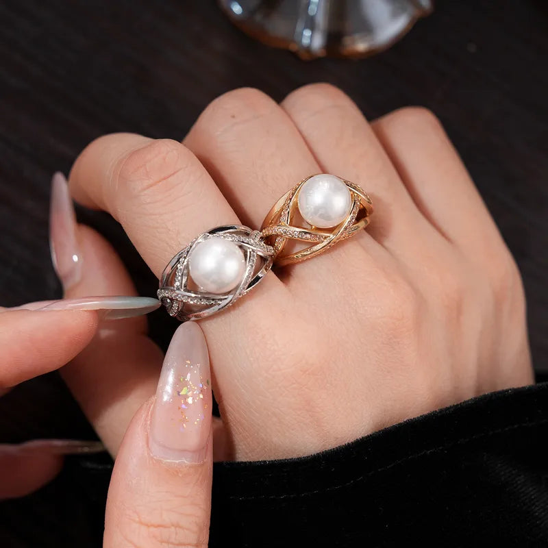 Elegant French Style Open Ring With Zircon Hollow Pearl Light Luxury High End Feeling Fashionable Versatile Personality Jewelry