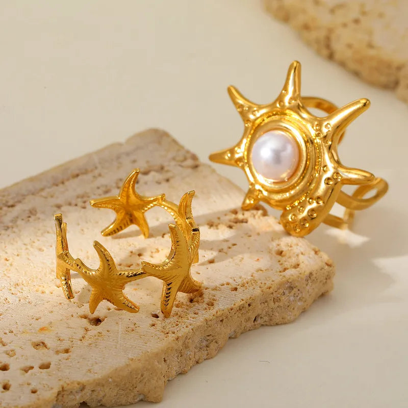 Elegant Open Ring Simulated Pearl Sun Star 18K Gold Plated Stainless Steel Adjustable Size For Birthday Party Date Holiday Tea Party