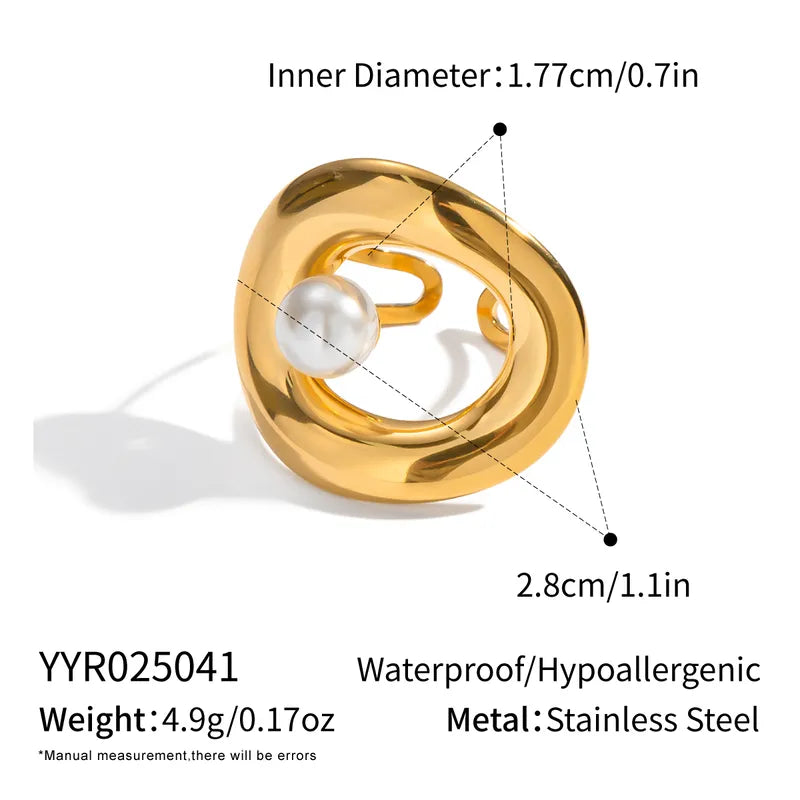 Elegant Pearl Ring Geometric Shape Design Sensation Luxury Hand Accessory Small Item Adjustable Size Gold Plated Stainless Steel