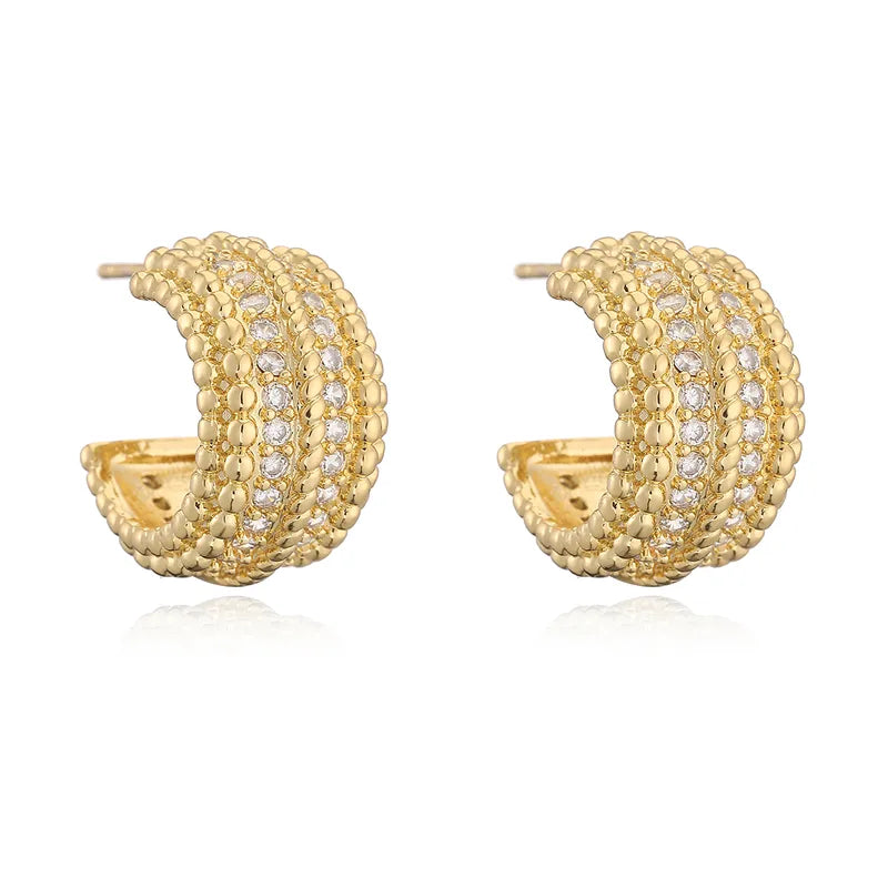 Elegant Retro C-Shaped Earrings Women's Versatile Copper Plated 18K Gold Zirconia Studs Fashionable Everyday Jewelry