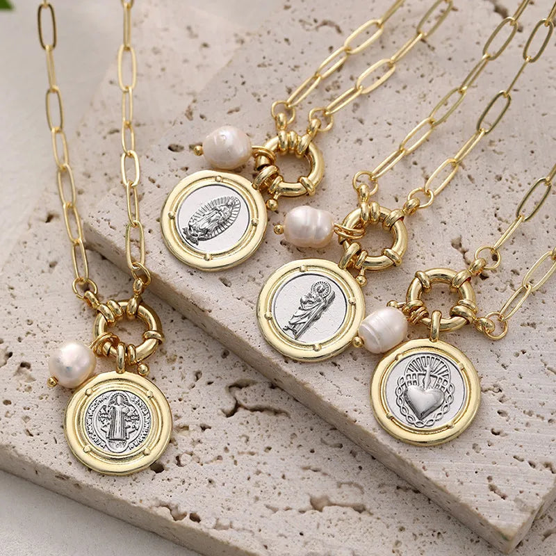 Elegant Retro Religious Geometric Round Mother Of Pearl Pendant Ring Necklace Jewelry Accessories For Women British Style