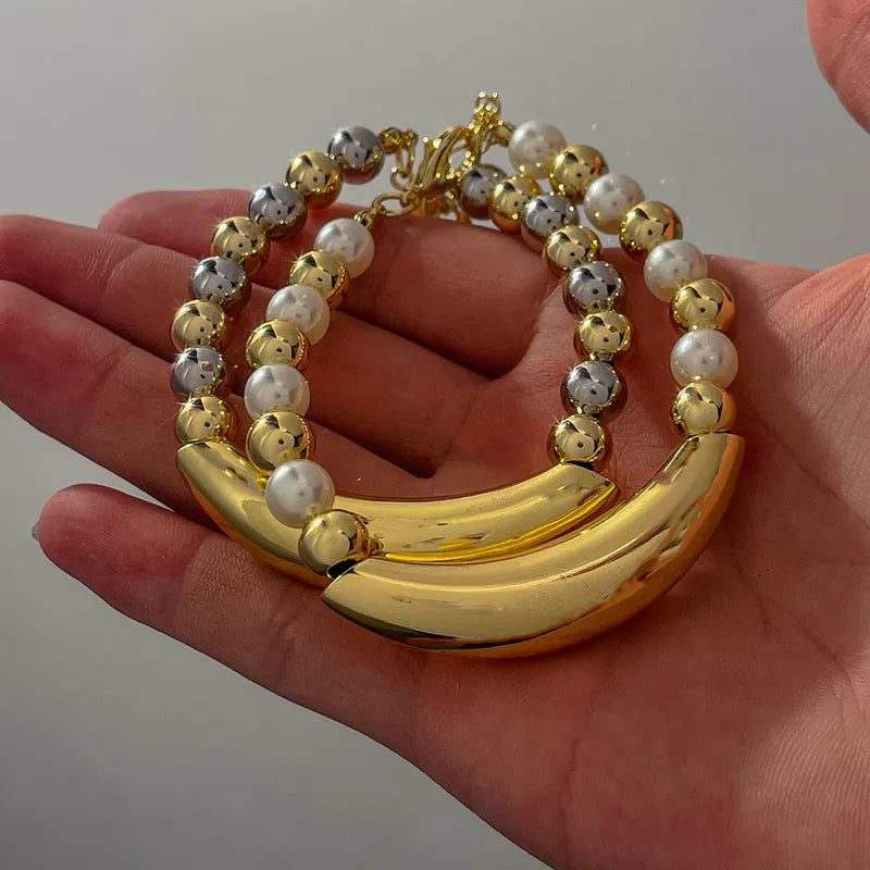 Elegant Simple Copper Plated 18K Gold Beaded Bracelet Fashionable Geometric Round Beads Lobster Clasp For Party Date Selfie Festival