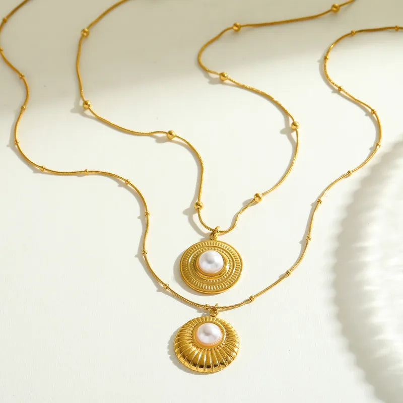 Elegant Simplicity 18K Gold Plated Stainless Steel Pearl Texture Round Pendant Necklace For Casual Daily Date Selfie Festival