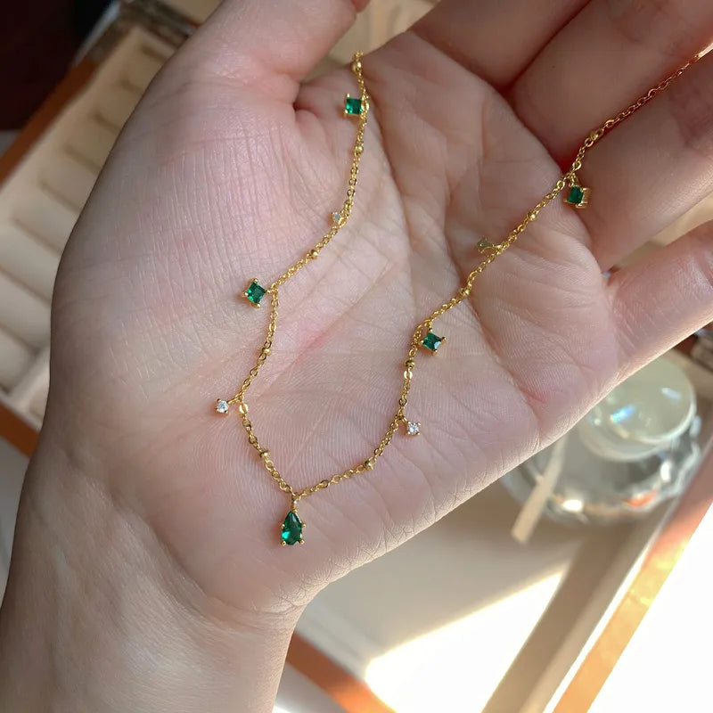 Exquisite Retro Emerald Neck Simple Elegant S925 Sterling Silver Gold Plated Clavicle Chain Niche Design Necklace For Women