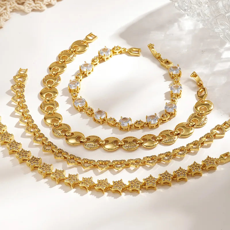 Fashion Luxury Copper Water Plated 18K Real Gold Micro Inlaid Zircon Hollow Heart Five-Pointed Star New Style Bracelet