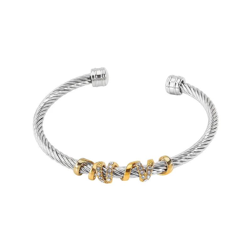 Fashion Stainless Steel Twisted Rope Open Bracelet Luxurious Geometric Diamond Block Women's Bracelet Rose Gold And Steel Color