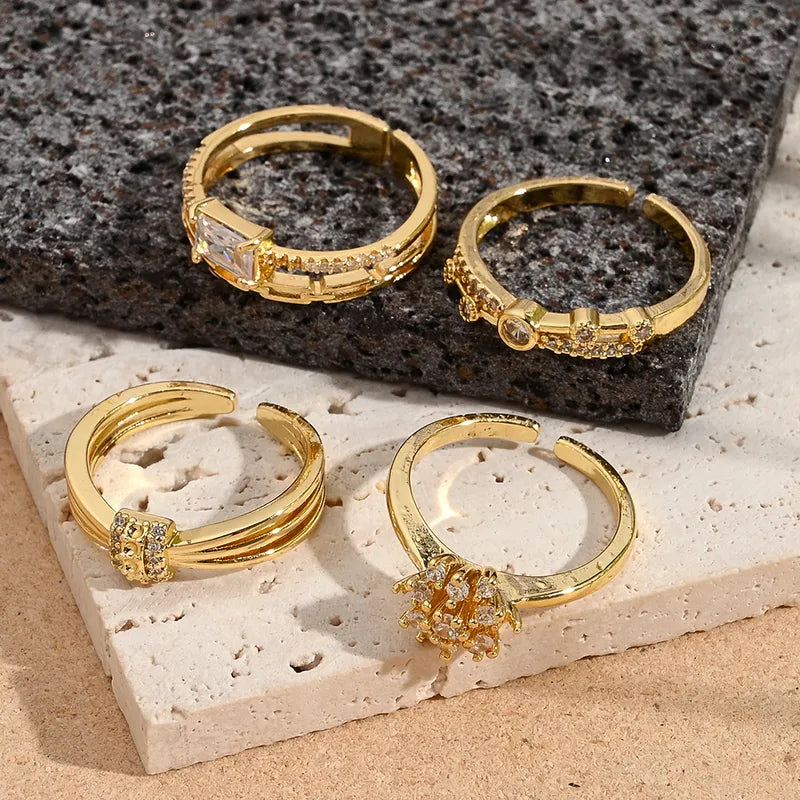 Fashionable Color-Preserving Electroplated Pearl Micro-Set Zircon Flower Square Ring Adjustable Size 18K Gold Plated Casual Wear For Women