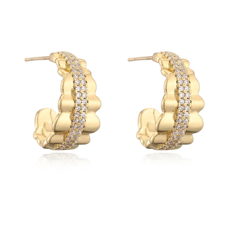 Fashionable Geometric Copper Plated 18K Gold Zirconia C-Shaped Earrings Women's Design Sensible Versatile Ear Jewelry