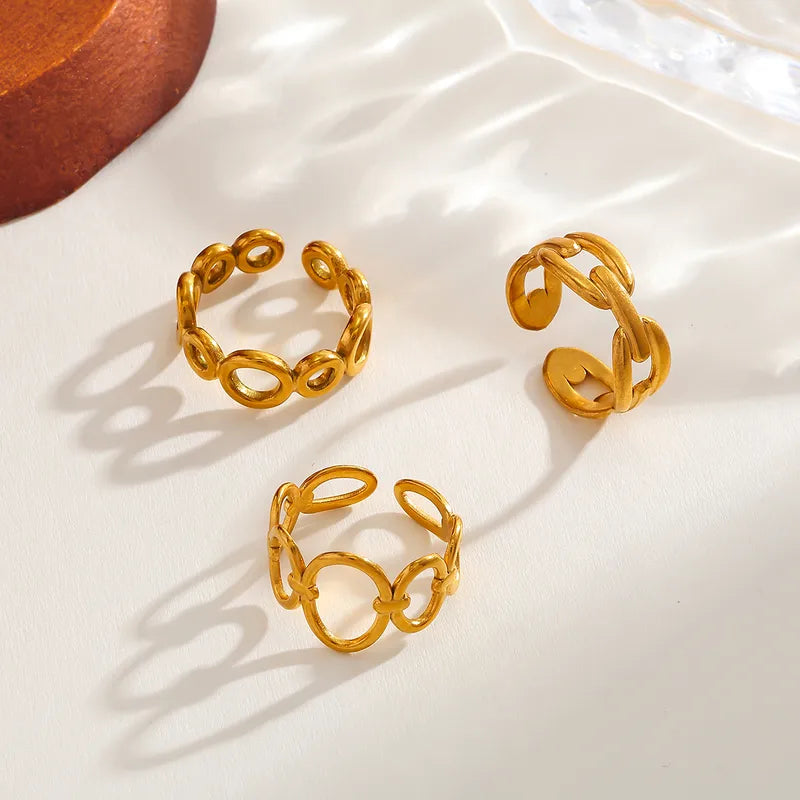 Fashionable Geometric Round Open Ring Stainless Steel 18K Gold Plated Adjustable Size For Casual Weekend Selfie Street Style