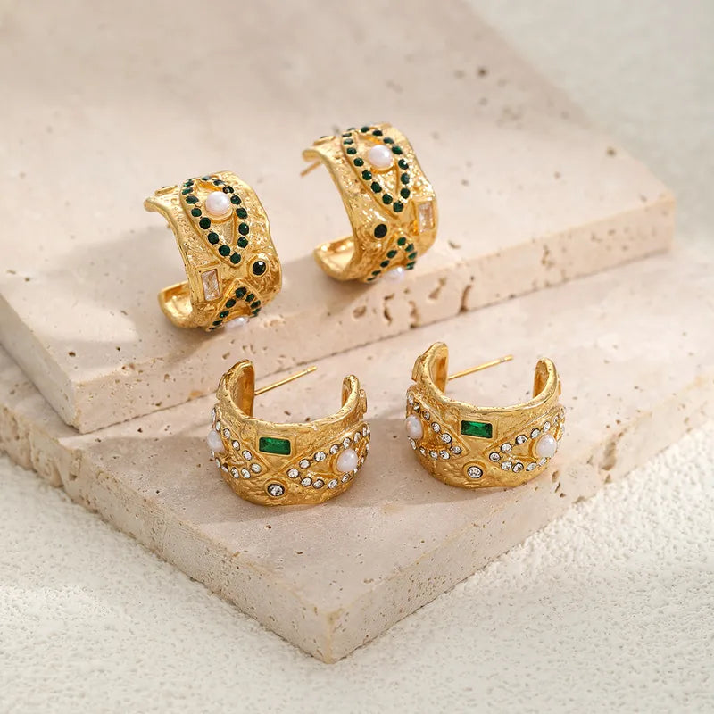 Fashionable Hammered C-Shape Earrings Women's Stainless Steel 18K Gold Plated High-End Feelings Studs Geometric Pattern Jewelry