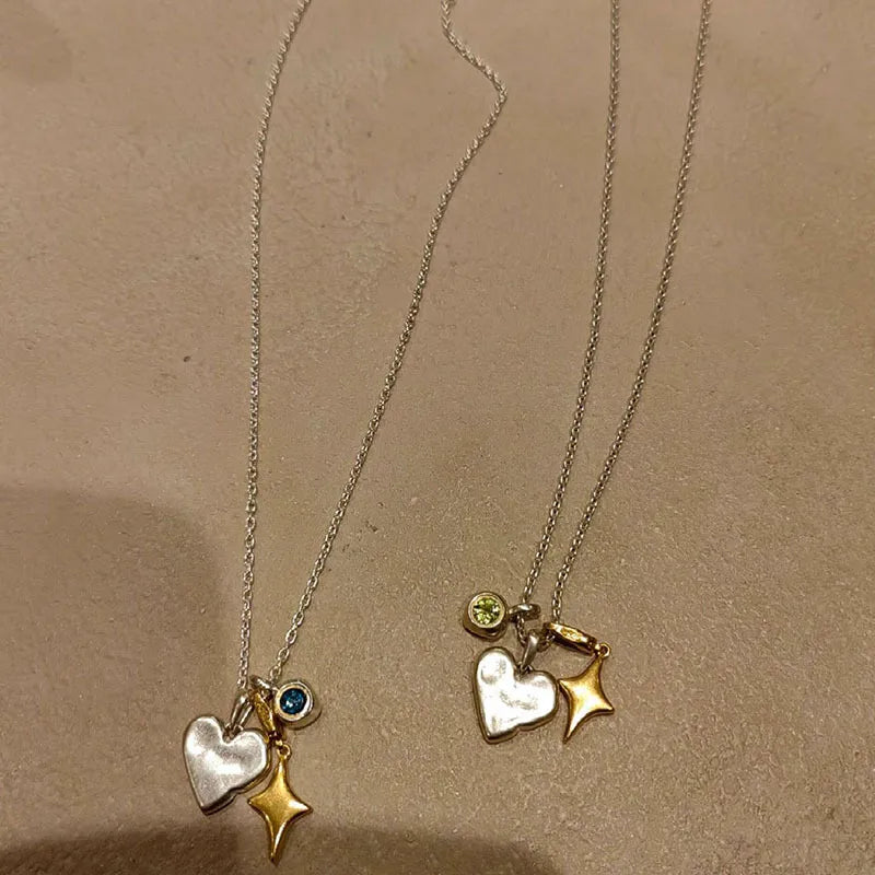 Fashionable Heart And Starburst Diamond Embedded Pendant Women's Necklace Elegant Lockbone Chain Stylish Accessory For Her