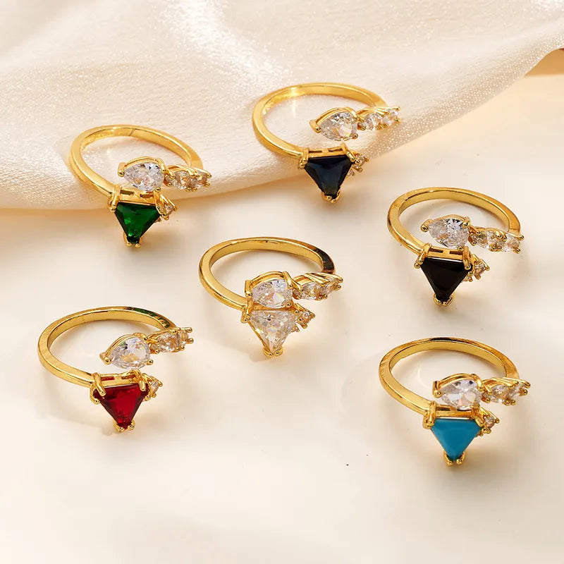 Fashionable Ins Style Micro Paved Zircon Triangle And Tear Drop Shaped Ring Adjustable Size Geometric Pattern Gold Plated Copper