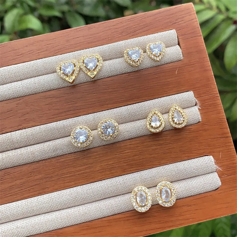 Fashionable Ladies' Copper Plated 18K Gold Embedded Zircon Heart Round Ring Style Earrings New Arrival Versatile Daily Wear Gift