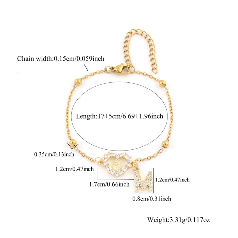 Fashionable Micro-Set Zircon Heart Shaped Saint Mary Initial Gold Stainless Steel Ball Clip Chain Women's Bracelet Lobster Clasp