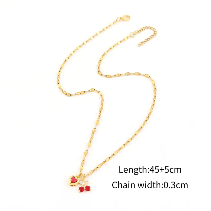 Fashionable Minimalist Multi-Color Heart Cherry Pendant Gold Stainless Steel Lip Chain Women's Necklace Elegant Classic Style