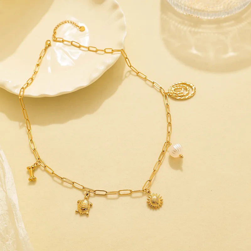 Fashionable Multi-Pendent Necklace Electroplated Stainless Steel Turtle Geometric Sun Bone Patterns Casual Holiday Everyday Wear Gold Plated Lobster Clasp