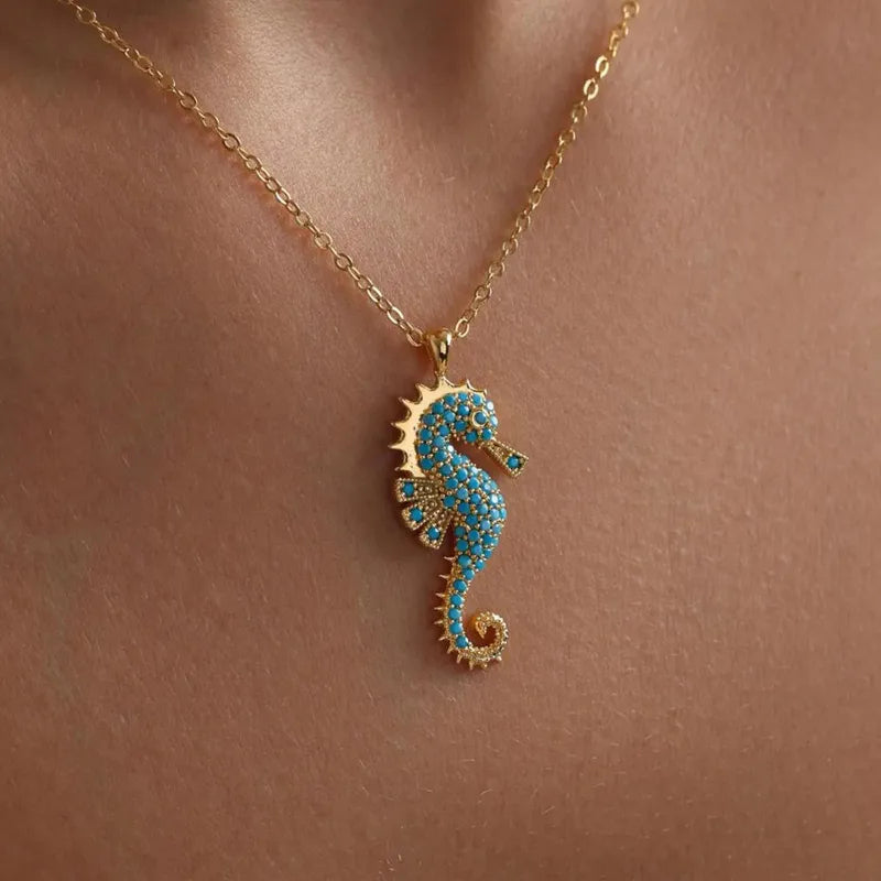 Fashionable Sea Horse Pendant Necklace Creative Style Stainless Steel Trendy Blue Electroplated Artistic Women's Jewelry Accessory