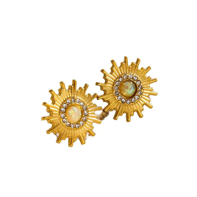 Fashionable Stainless Steel Earrings Set With Embedded Zirconia Sunflower Jewelry For Women Plated With 18K Gold Luxury Style