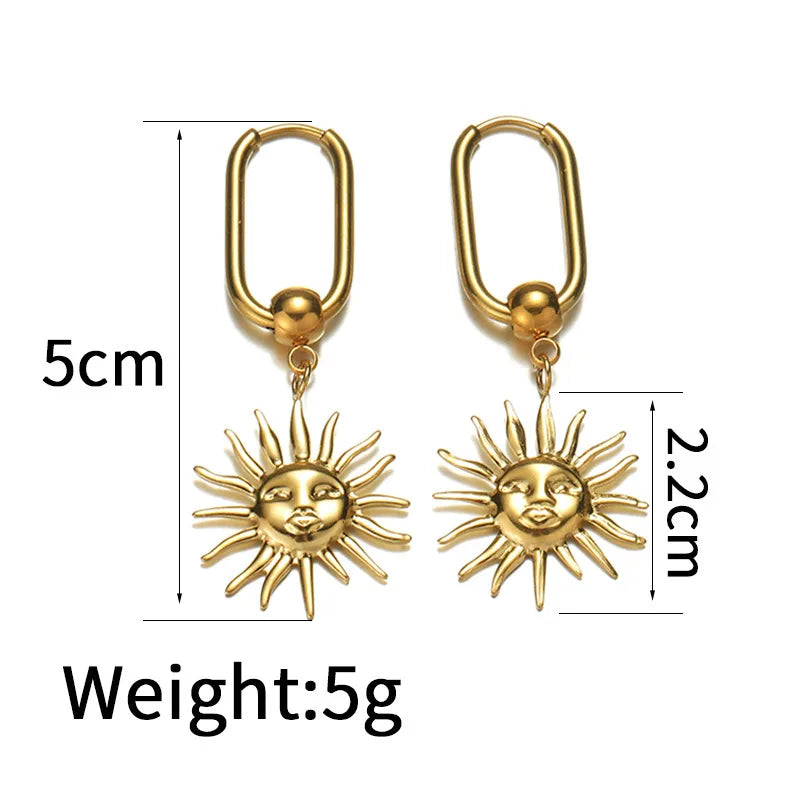 French Retro Gold-Plated Titanium Steel Earrings For Women Sun Pendant Earrings Pendant Earrings