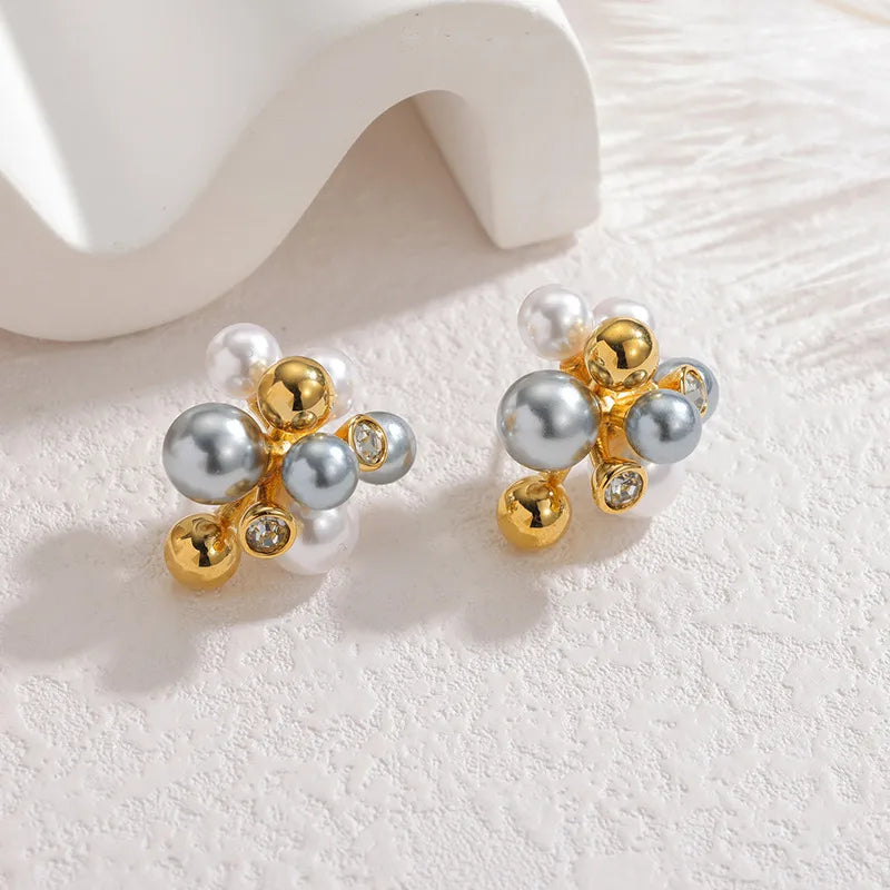 French Retro Pearl Earrings Stainless Steel Metal Ball Flower Cluster Color Block Retro Design Women's Jewelry
