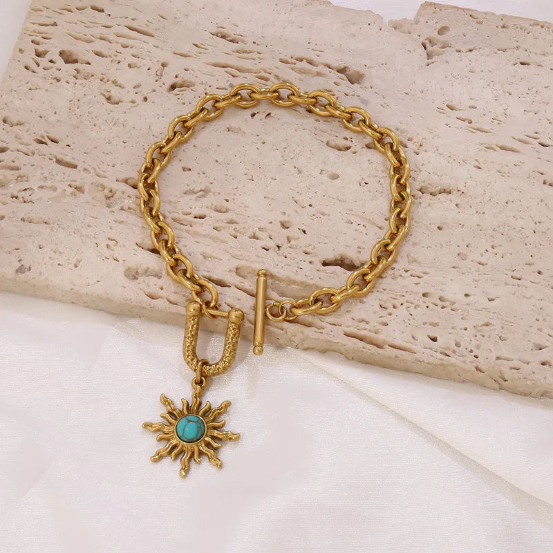 French Vintage Stainless Steel Sun Natural Stone Pendant Women's Cat Eye Stone Buckle Chain Bracelet Simple Geometric Pattern