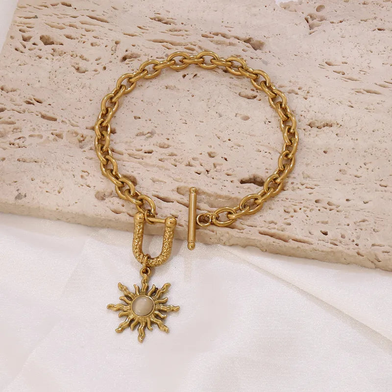 French Vintage Stainless Steel Sun Natural Stone Pendant Women's Cat Eye Stone Buckle Chain Bracelet Simple Geometric Pattern