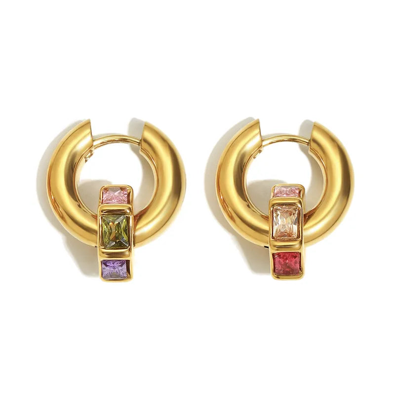 Geometric Color Diamond Vacuum Electroplated Stainless Steel 18K Gold Plated Hoop Earrings Women Luxury Style Round Ring Earrings