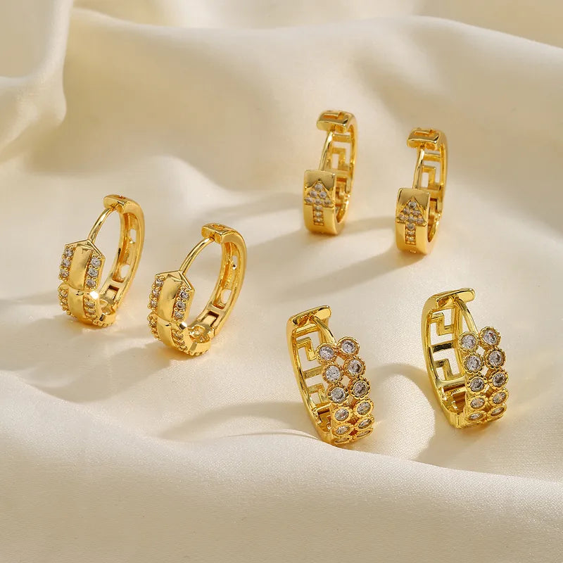 Geometric Copper Plated Imitation Gold Embedded Zirconia Stud Earrings Fashionable Elegant Holiday Weekend Daily Date Jewelry