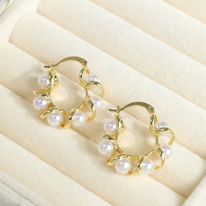 Geometric Pearl Earrings Elegant Minimalist Style Hoop Earrings 18K Gold Plated Copper Artificial Pearl Ear Jewelry