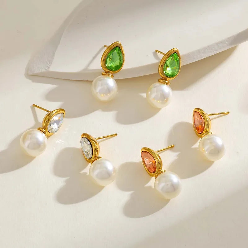 Geometric Pearl Imitation And Zircon Inlaid Stainless Steel 18K Gold Plated Earrings Elegant Casual Style Women's Jewelry