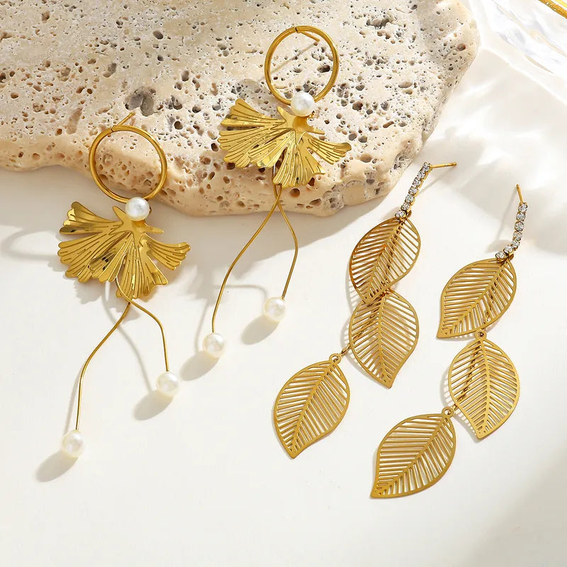 Ginkgo Leaf Pendants Pearl And Zircon Embedded Stainless Steel Earrings Gold Plated Casual Elegant Cute Women Style Flashing