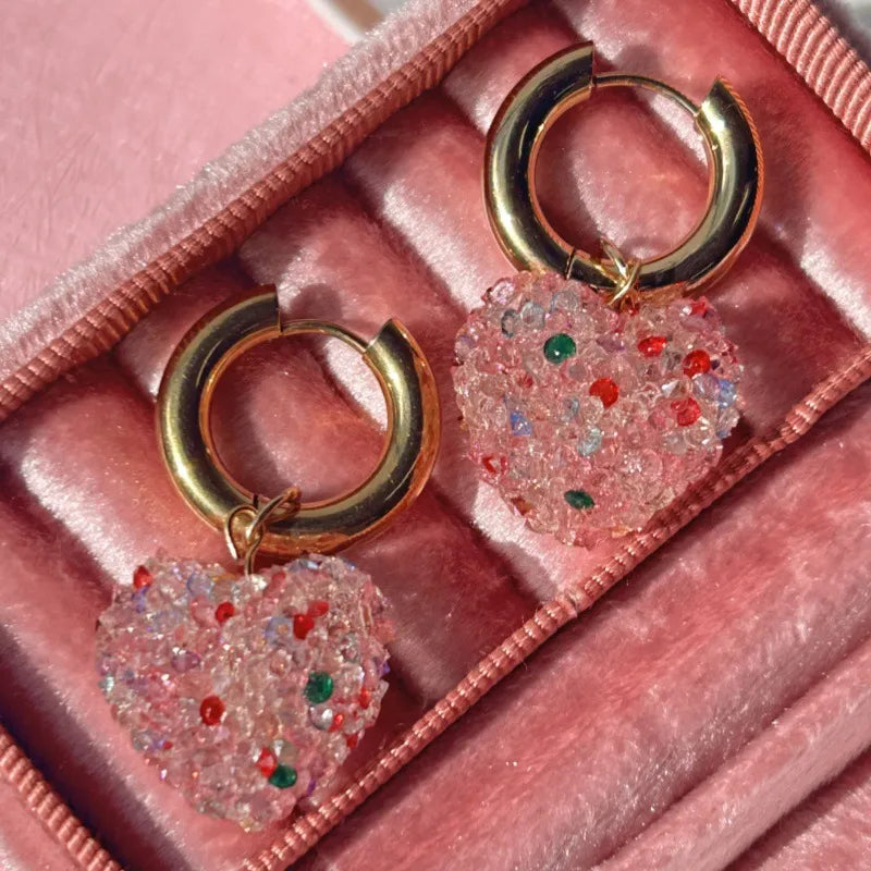 Girl Heart-shaped Sugar Diamond Stainless Steel Earrings Shiny Pink Candy Heart-shaped Women's Jewelry Accessories
