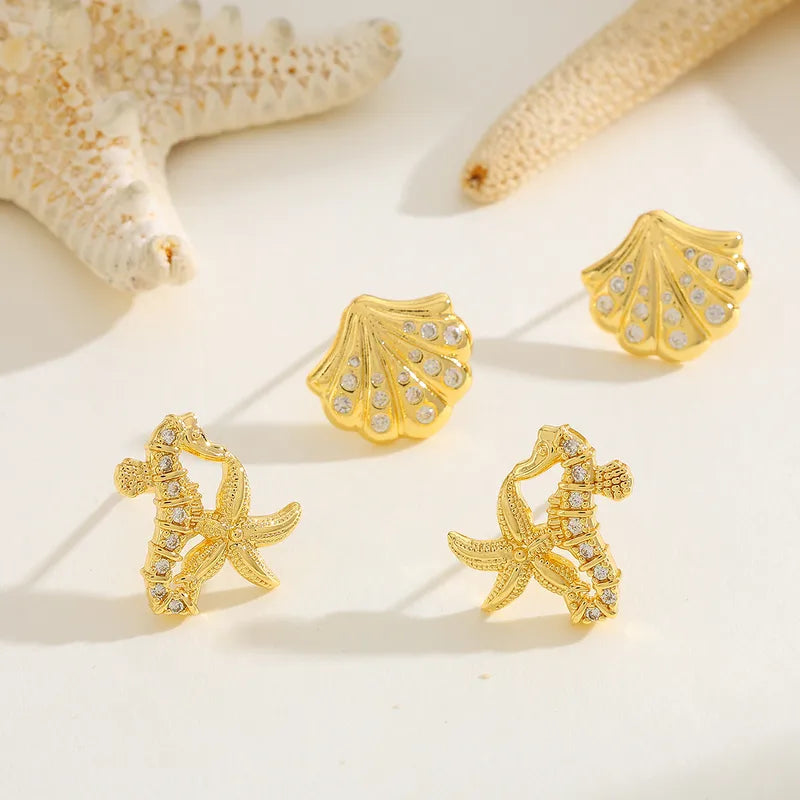 Gold Plated Copper Starfish Sea Horse Shell Earrings With Embedded Zirconia Studs For Women Holiday Weekend Daily Date Festive