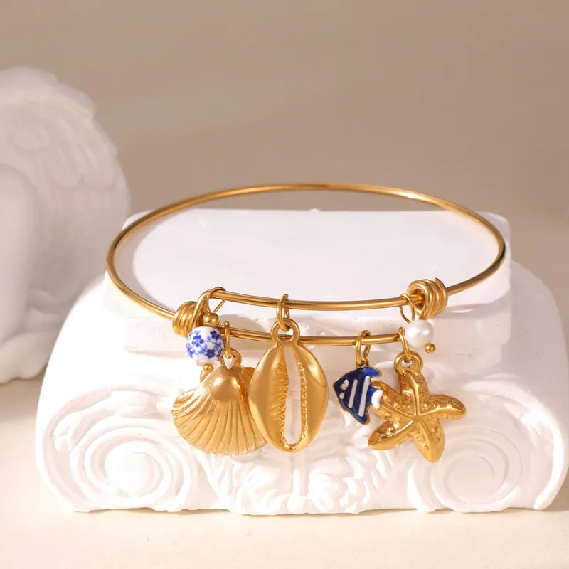 Gold Plated Stainless Steel Bracelet For Women Ocean Animal Fruit Pendant Fashionable Uplifting Style Turtle And Starfish