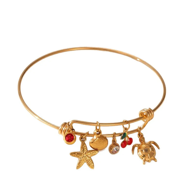 Gold Plated Stainless Steel Bracelet For Women Ocean Animal Fruit Pendant Fashionable Uplifting Style Turtle And Starfish