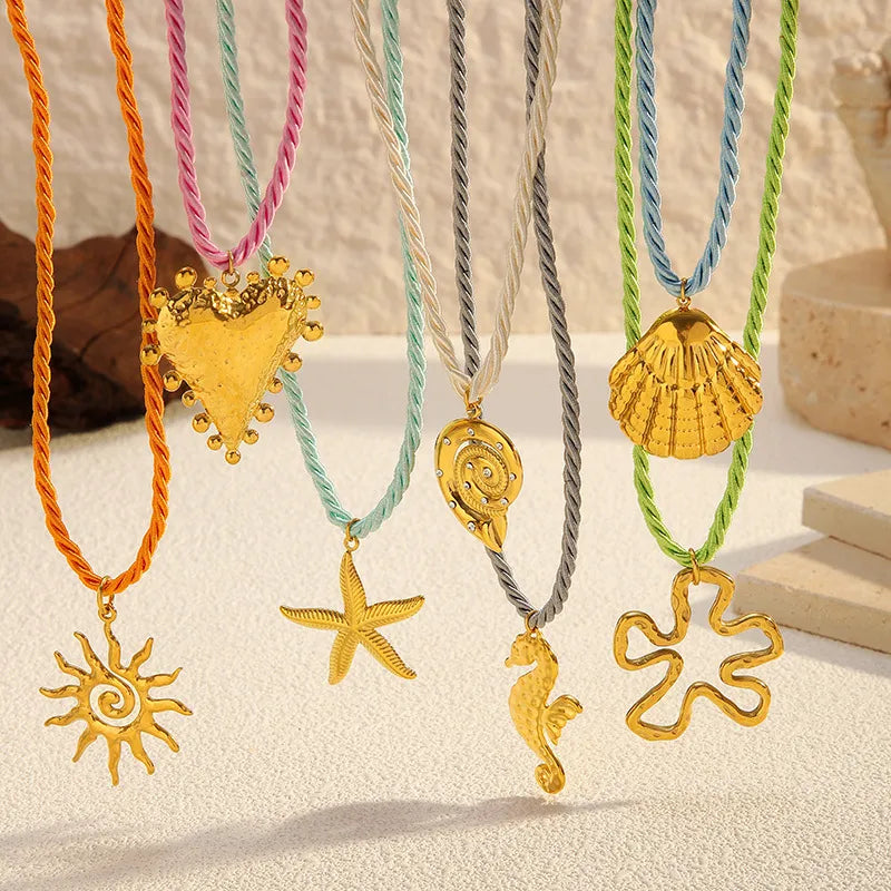 Gold Plated Titanium Steel Necklace With Woven Fine Rope Ocean Pendant Stainless Steel Sweet Cool Style For Women Animal Zodiac Pattern