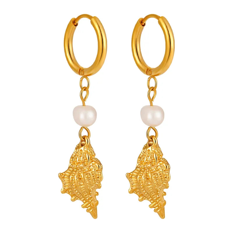 Golden Abalone Shell Earrings Women's Stainless Steel PVD Plated Jewelry Summer New Style Ins Ocean Series Hoop Earrings